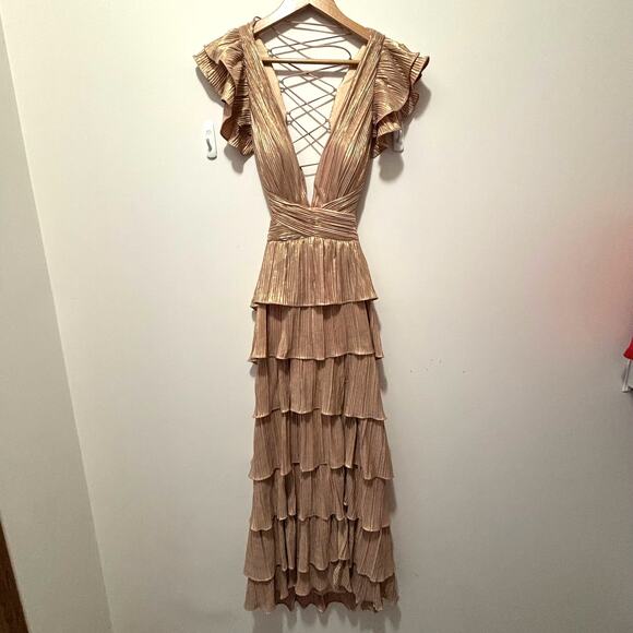 Mac Duggal Ruffle Tiered Criss Cross Lace Up Gown Gold Layered Evening Size 4 - Picture 2 of 9
